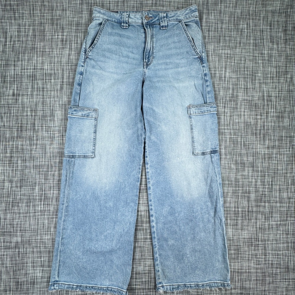 American Eagle Womens Jeans Super High Rise Baggy Wide Leg Cargo Raw Hem Blue 8R